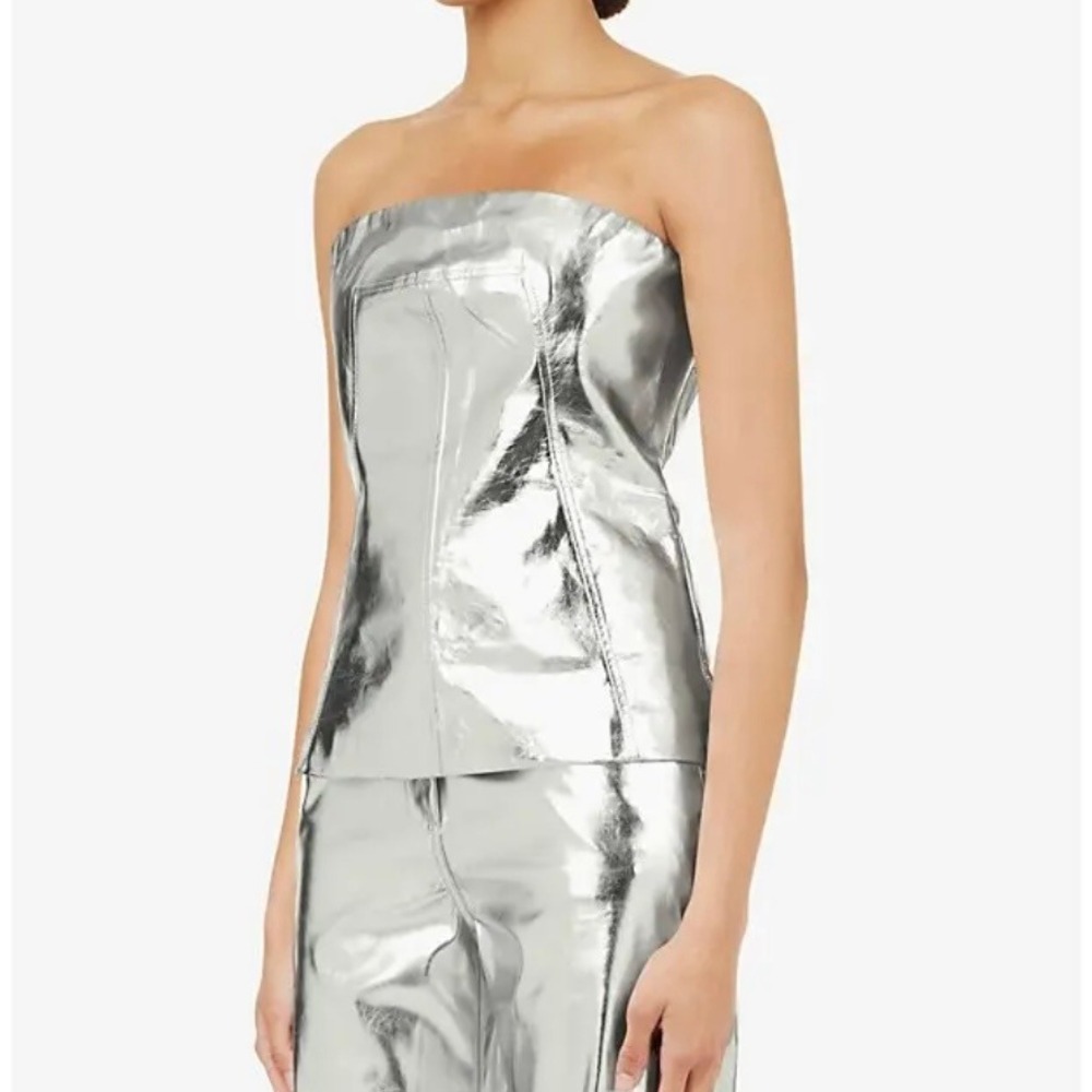 AMYLYNN Faux Leather Strapless Bustier Top Womens XS Silver Bandeau Tube Corset